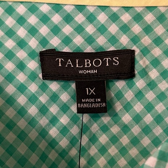 NWT Talbots Amazon Moss Green & White Gingham Roll Tab Sleeve Button Up Shirt 1X - Picture 2 of 5